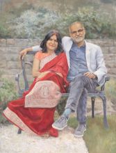 Oil double portrait of Indian couple by Virgil Elliott